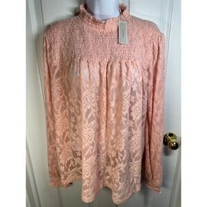 NWT! Cupio Smocked‎ Mock Neck Lace Blouse Long Sleeve Peach Pink Top Size Large